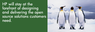 Picture of three penguins with words 'HP will stay at the forefront of designing and delivering the open source solutions customers need.'