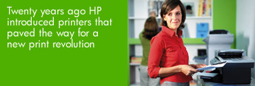 Picture of a woman at a printer -- Twenty years ago HP introduced printers that paved the way for a new print revolution